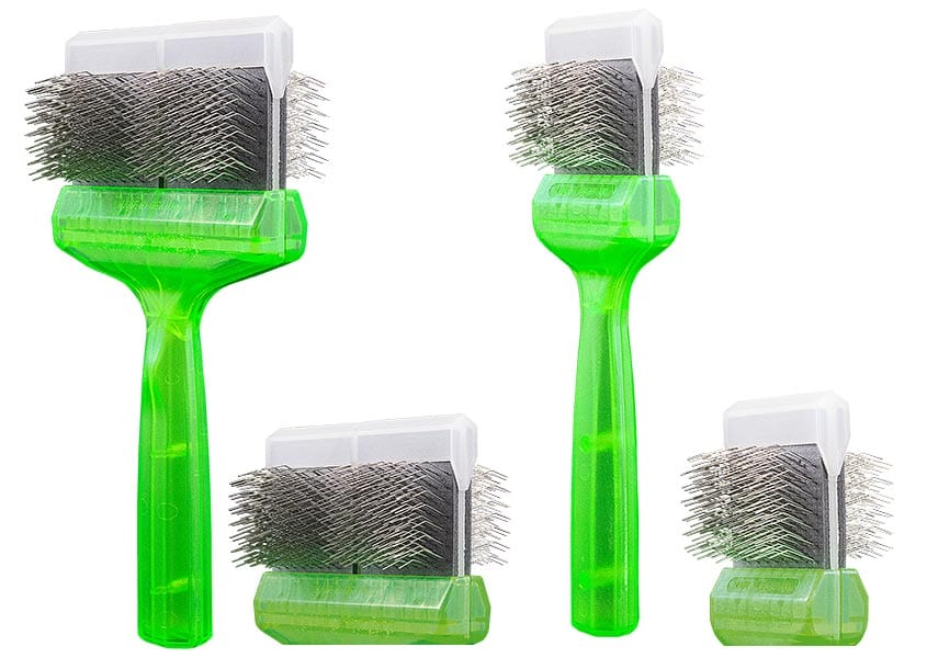 Grüne ActiVet-Bürsten mit Metallpins in verschiedenen Größen und Ansichten.
